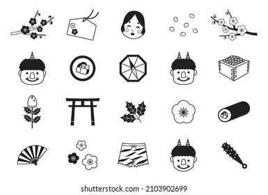 Vector illustration set of Japanese traditional event SETSUBUN, black and white icons