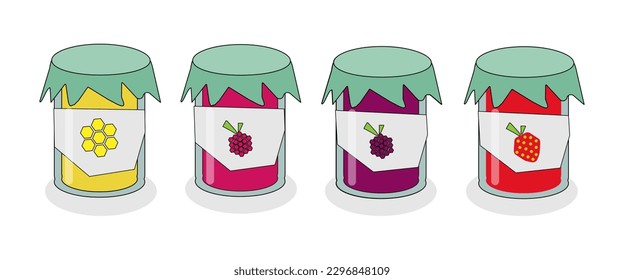 vector illustration set of jars with honey and berry jam from raspberries, blackberries and strawberries. Useful canned food.