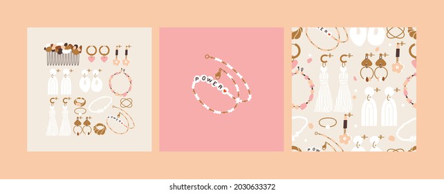 Vector illustration set of jewelry items. Modern accessorizes - pearl necklace, beads, ring, earrings, bracelet, hair comb. Seamless pattern