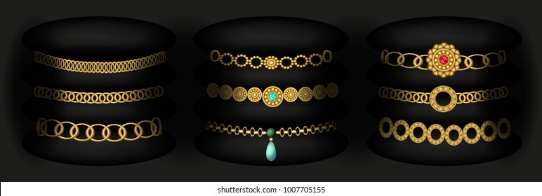 Vector illustration of set jewelry vintage belt bracelets, tiaras, chains of gold ornament from beads of gold and precious stones