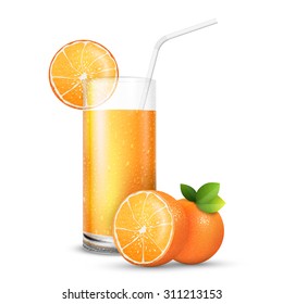 Vector illustration set of  juice glass and fresh bright oranges