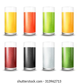 Vector illustration set of  juice glasses with water drops and different sort