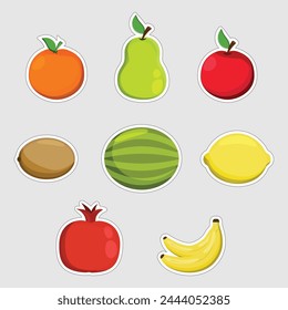 Vector illustration of a set of juicy ripe fruit stickers on a gray background.