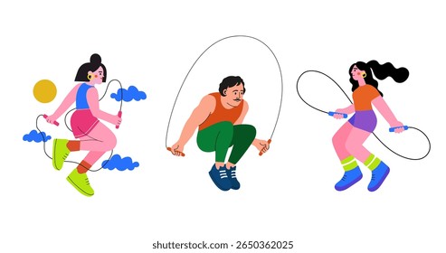 Vector illustration set of jumping woman and man with a rope, blue clouds and yellow sun on background. Trendy summer print design, active sport fitness lifestyle concept art