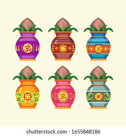 Vector Illustration Set of Kalash Ceramic Pot Indian Culture 