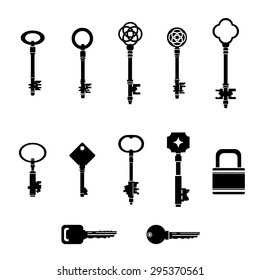A vector illustration of a set of keys for opening any type of door.
Key Icon illustration set.
Vector vintage keys for locking and unlocking doors.