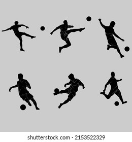 vector illustration set of kicking ball silhouette, football player, various poses isolated on white background