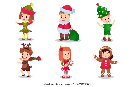 Vector Illustration Set Of Kids In Christmas Costumes Isolated On White Background