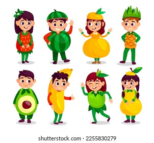 Ilustración vectorial de niños con trajes de fruta aislados en blanco. Colección con personajes adorables de caricatura vestidos como una manzana, fresa, sandía, melón de melón, melocotón, aguacate, pera, piña y plátano