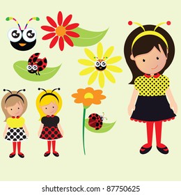 a vector illustration set of kids, ladybug, flowers, leaves and girls