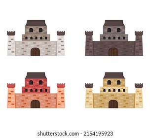 Vector illustration set for kids with old castle and fort. Medieval, fairy tales, magic, royal palaces.