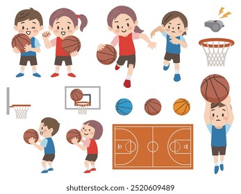 Vector illustration set of kids playing basketball