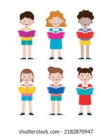 Vector Illustration Set Of Kids Reading Book, Children Education isolated on white background
