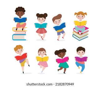 Vector Illustration Set Of Kids Reading Book, Children Education isolated on white background