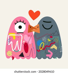 Vector illustration set with kissing pigeons. Funny romantic print design with birds