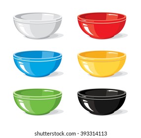 Vector illustration set of kitchen objects. Different colourful empty bowls for breakfast or dinner isolated on white background. Cooking and food collection