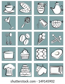 Vector illustration of a set of kitchen tools and foods in graphic style for cook books, recipes or scrap-booking 