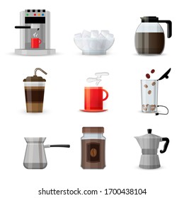 Vector illustration. Set of kitchen utensil or kitchenware design elements. Coffee Machine, Cup, Jar, Coffee Maker, Coffee Pot, Teapot, Sugar Bowl, Coffee Grinder, Plastic Cup with Drink and Straw.