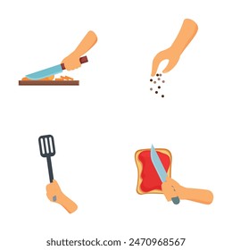 Vector illustration set of kitchen utensils for cooking, preparation, and baking with spatula, knife, pepper, seasoning, cutting, bread, and more in simple and handy graphic design