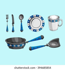 Vector illustration, set of kitchen utensils, spoon, fork, knife, frying pan,plate, Cup,