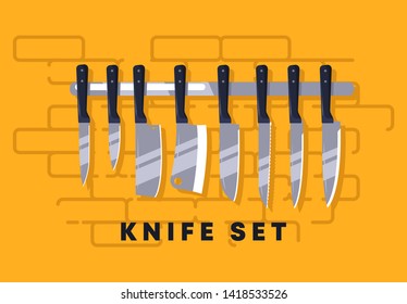 vector illustration of a set of knives hanging on the wall