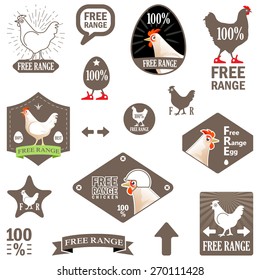 Vector Illustration. Set of Vector Labels: "Free Range Chicken". Design of Stamp for Eco Products. Concept for Organic Food Items. Funny Chicken Stickers
