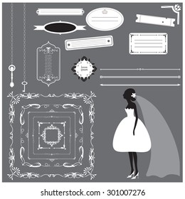Vector illustration of a set of labels, page dividers, frames and other design elements for wedding invitation templates and other arts and designs