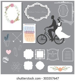 Vector illustration of a set of labels, page dividers, frames, abstract crystals and other design elements for wedding invitation templates and other arts and designs