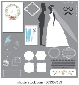 Vector illustration of a set of labels, page dividers, frames, abstract crystals and other design elements for wedding invitation templates and other arts and designs