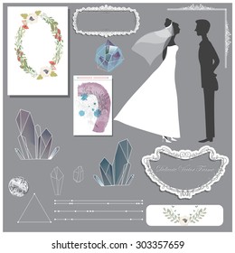 Vector illustration of a set of labels, page dividers, frames, abstract crystals and other design elements for wedding invitation templates and other arts and designs