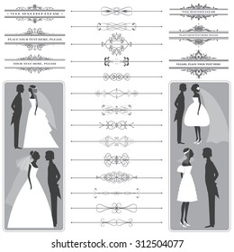 Vector illustration of a set of labels, page dividers, frames and other design elements for wedding invitation templates and other arts and designs