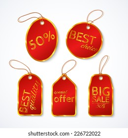 Vector illustration. Set of labels for sale. Red and gold