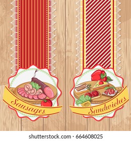 Vector illustration set of labels with sausages and sandwiches on a wooden background. Design in retro style for restaurants, cafes, cookbooks