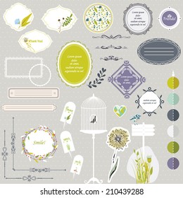 Vector illustration of a set of labels, tags, calligraphic frames and other graphic elements for scrapbooking