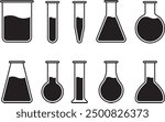 A vector illustration set of laboratory equipment of various shapes, glassware such as flasks, beakers, test tubes etc.