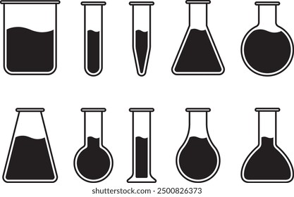 Ein Vektorgrafik-Set von Laborgeräten verschiedener Formen, Glaswaren wie Flaschen, Bechergläsern, Reagenzgläsern usw.