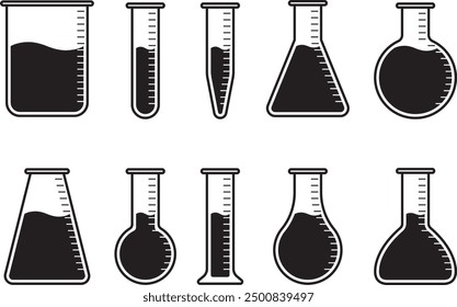 Un conjunto de Ilustración vectorial de equipos de laboratorio de diversas Formas, cristalería como matraces, vasos de precipitados, tubos de ensayo, etc.