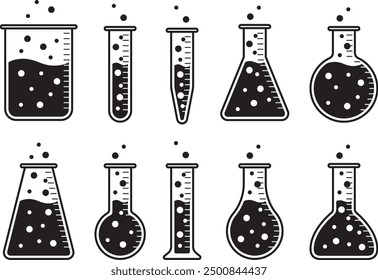 A vector illustration set of laboratory equipment of various shapes, glassware such as flasks, beakers, test tubes etc.