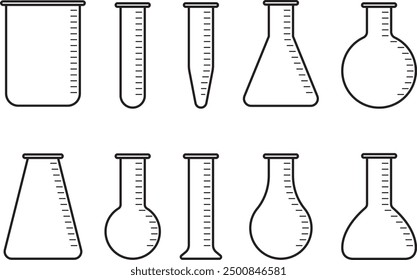 A vector illustration set of laboratory equipment of various shapes, glassware such as flasks, beakers, test tubes etc.