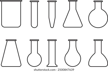 A vector illustration set of laboratory equipment of various shapes, glassware such as flasks, beakers, test tubes etc.