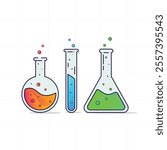 Vector illustration set of laboratory glassware including round-bottom flask, test tube, and conical flask with colorful liquids in flat design style.