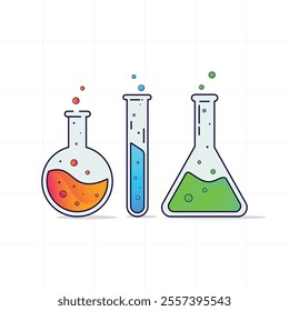 Vector illustration set of laboratory glassware including round-bottom flask, test tube, and conical flask with colorful liquids in flat design style.