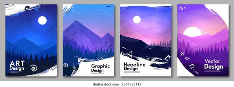 Vector illustration. Set of landscape. Design for poster, banner, postcard, cover. Night landscape with mountains and moon. Design for cover, invitation, poster, postcard, banner.