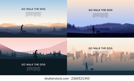 Vector illustration. A set of landscapes: a boy and a girl walk a dog in nature, in the city. Clear colorful backgrounds. Forest trees, city buildings. Concept of healthy weekend leisure with pet