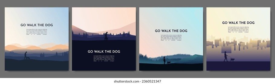 Ilustración vectorial. Un conjunto de paisajes: un niño y una niña caminan un perro en la naturaleza, en la ciudad. Pancartas claras y coloridas. Árboles forestales, edificios urbanos. Concepto de ocio sano de fin de semana con mascota