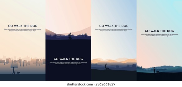 Vector illustration. A set of landscapes: a boy and a girl walk a dog in nature, in the city. Forest trees, city buildings. Concept of healthy weekend leisure. Design for flyer, voucher, coupon