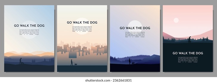 Vector illustration. A set of landscapes: a boy and a girl walk a dog in nature, in the city. Concept of healthy weekend leisure with pet. Design for poster, cover, magazine, layout, brochure, flyer