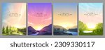 Vector illustration. A set of landscapes in a flat style. Sunrise morning forest, evening sunset scene, misty terrain with slopes, mountains by lake. Design for poster, cover, layout, brochure, flyer