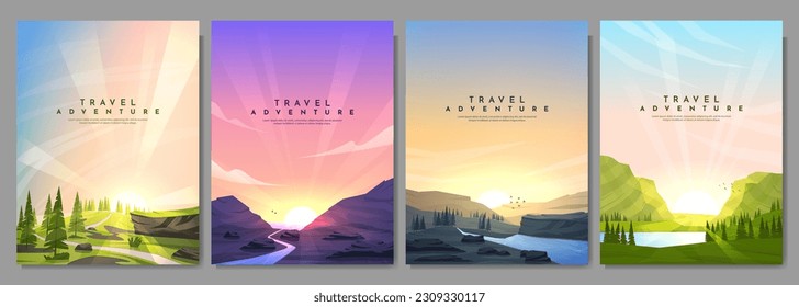Vector illustration. A set of landscapes in a flat style. Sunrise morning forest, evening sunset scene, misty terrain with slopes, mountains by lake. Design for poster, cover, layout, brochure, flyer