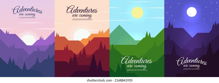 Vector illustration. Set of landscapes. Geometric flat style. Design for poster, banner, background, business card, web, greeting or touristic card. 